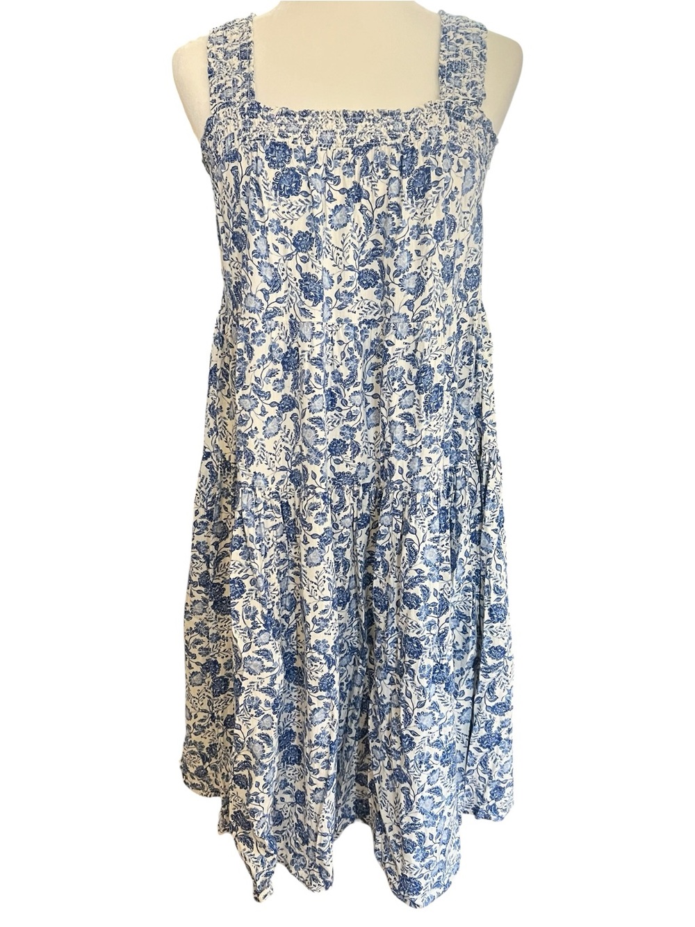 Cotton Blend Blue Floral Tiered Sundress - Women